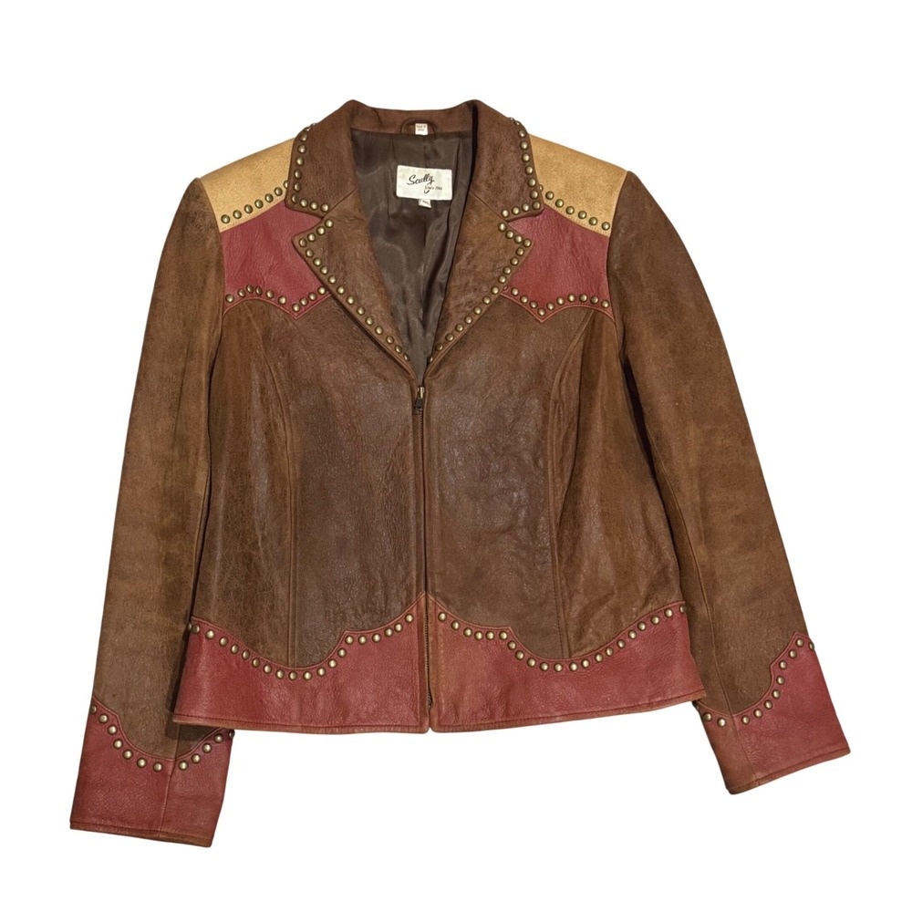 Scully Western Leather Jacket Women XXL Brown Red Studded Colorblock EUC Mod VTG